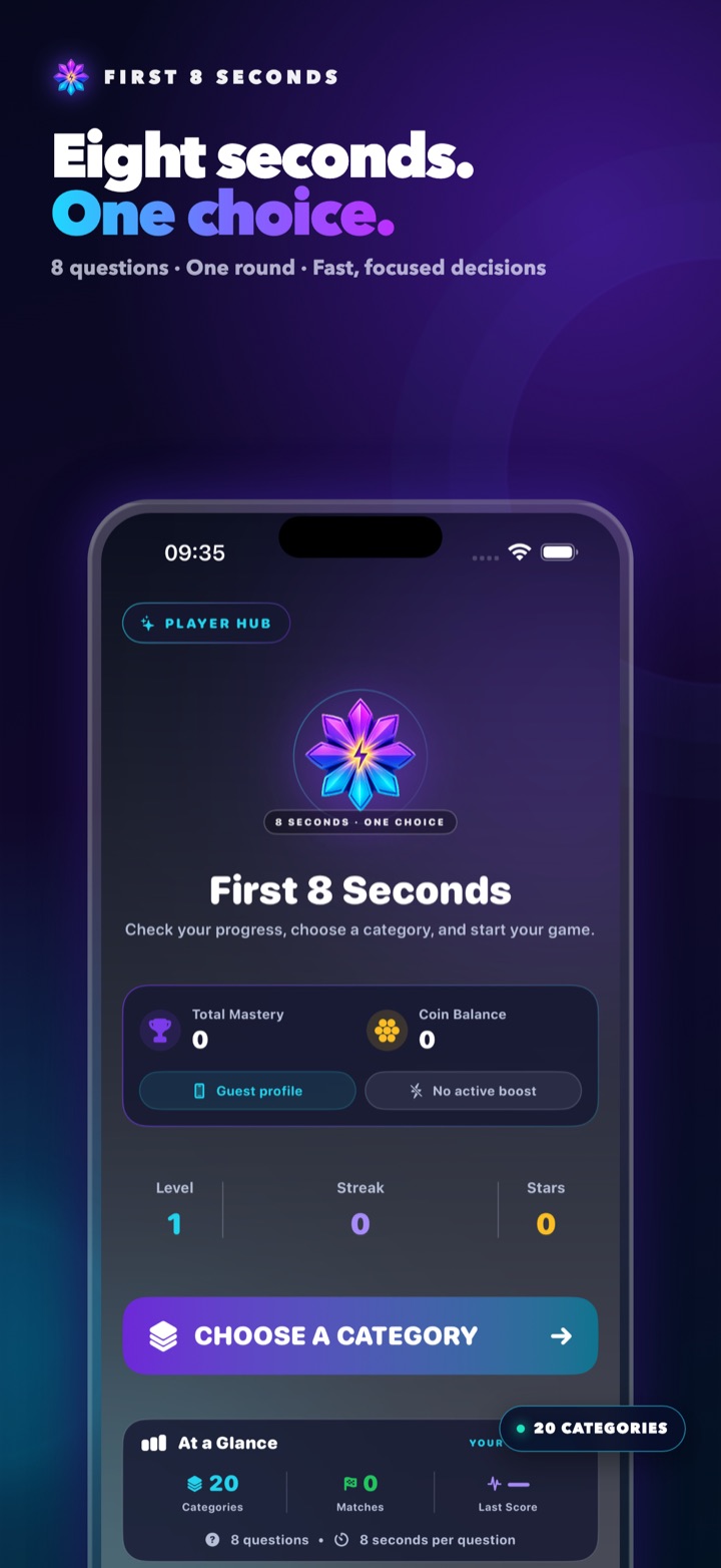 First 8 Seconds player hub on iPhone